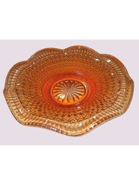 Amber Depression Glass Serving Bowl With Scalloped Edge & Starburst Design